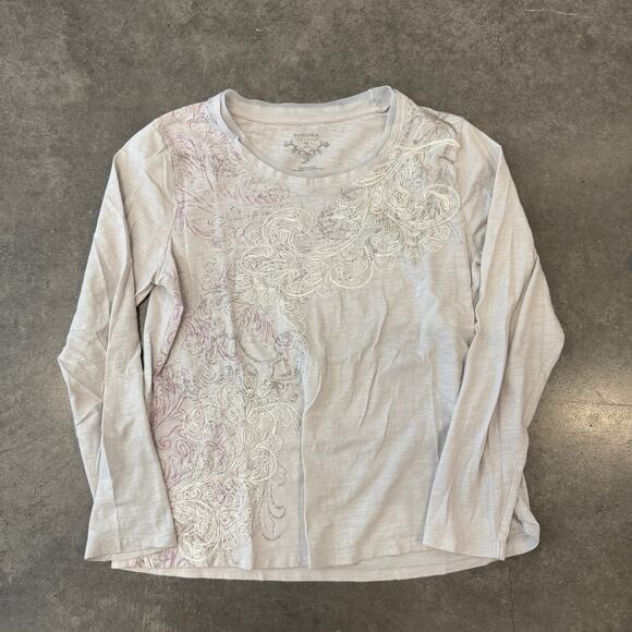 Vintage Y2k Grey White Stitch Longsleeve Abstract Cross Graphic Tee Cotton L - Picture 1 of 5